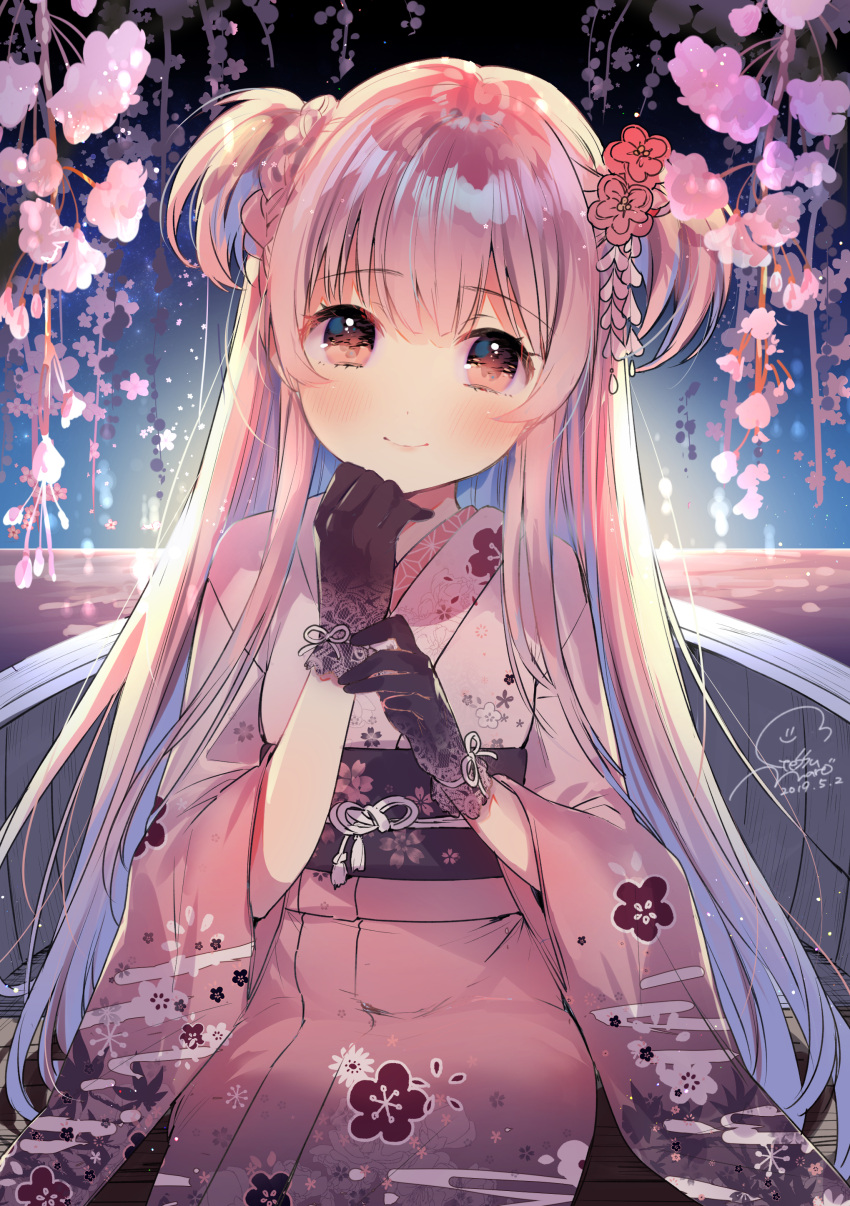 1girl absurdres blush closed_mouth dated flower geshumaro gloves hands_up head_tilt highres japanese_clothes kimono long_hair looking_at_viewer obi original own_hands_together pink_eyes pink_flower pink_hair pink_kimono sash signature sitting smile solo twintails very_long_hair