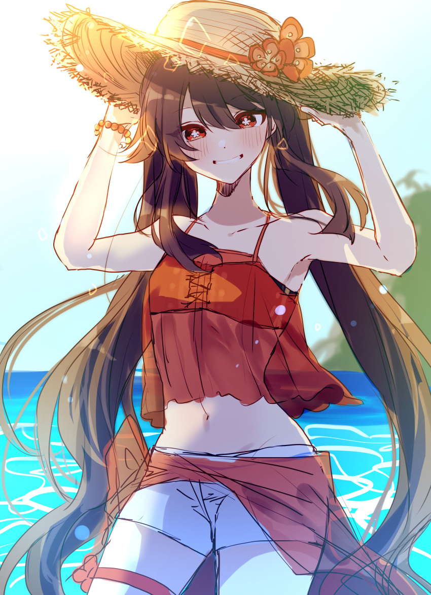 1girl absurdres bead_bracelet beads bikini blush bracelet breasts brown_hair collarbone flower flower-shaped_pupils genshin_impact grin hat hat_flower highres holding holding_clothes holding_hat hu_tao_(genshin_impact) jewelry leg_garter light_particles long_hair looking_at_viewer midriff navel open_mouth red_eyes red_flower ryu_genshin77 see-through smile solo straw_hat swimsuit symbol-shaped_pupils symbol_commentary twintails very_long_hair water white_legwear