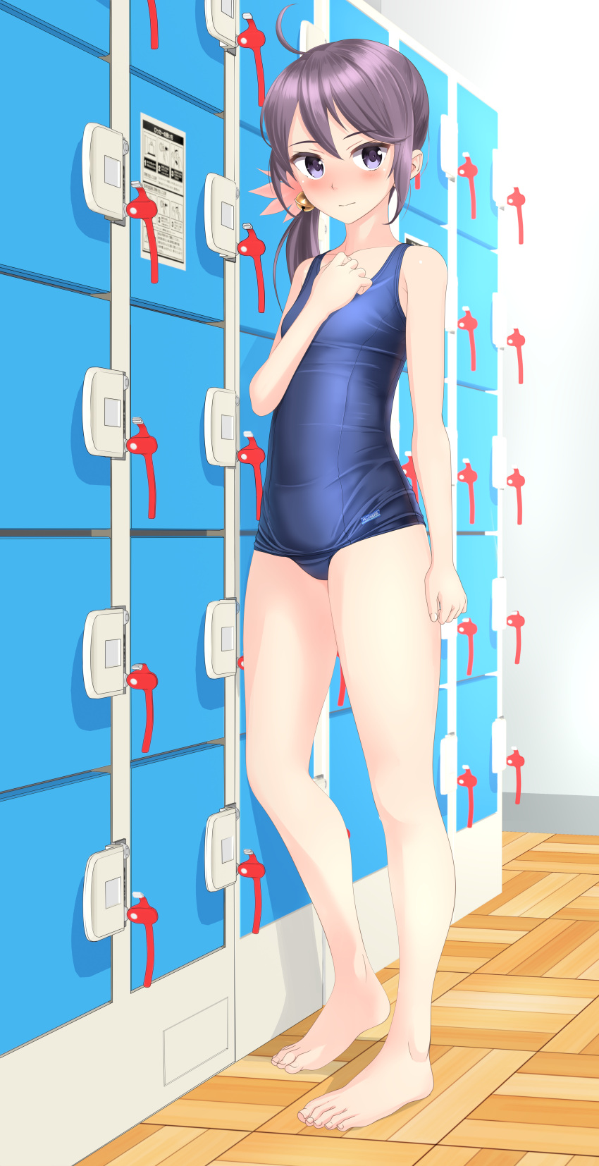 1girl absurdres ahoge akebono_(kancolle) barefoot bell blue_swimsuit blush breasts covered_navel flower full_body hair_bell hair_flower hair_ornament hand_on_own_chest highres kantai_collection locker locker_room long_hair looking_at_viewer nose_blush one-piece_swimsuit purple_hair school_swimsuit side_ponytail small_breasts solo standing swimsuit takafumi very_long_hair violet_eyes wooden_floor