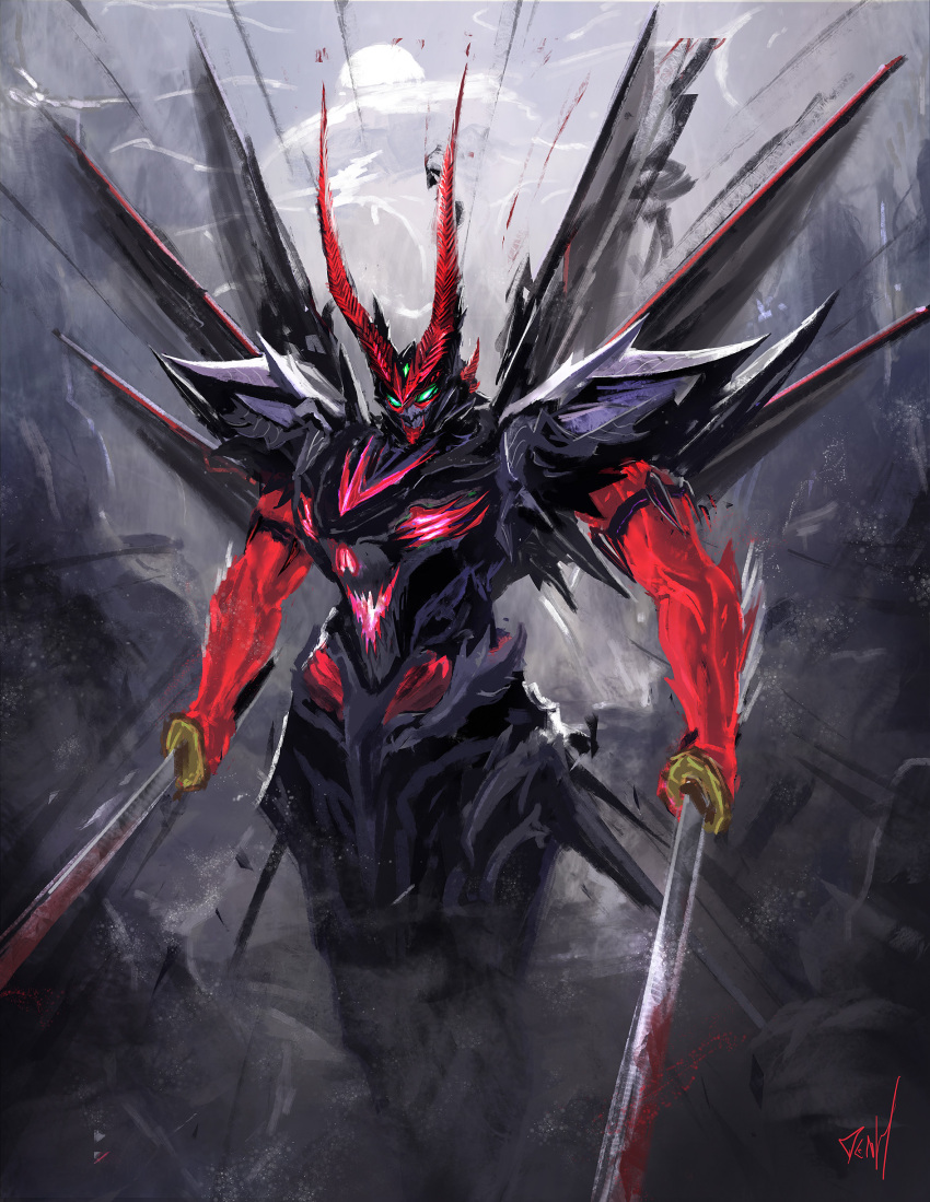 absurdres blood bloody_weapon clouds denh dual_wielding extra_eyes green_eyes gundam gundam_astray_red_frame gundam_seed gundam_seed_astray highres holding holding_sword holding_weapon horns katana looking_down mecha moon redesign science_fiction solo sword third_eye weapon