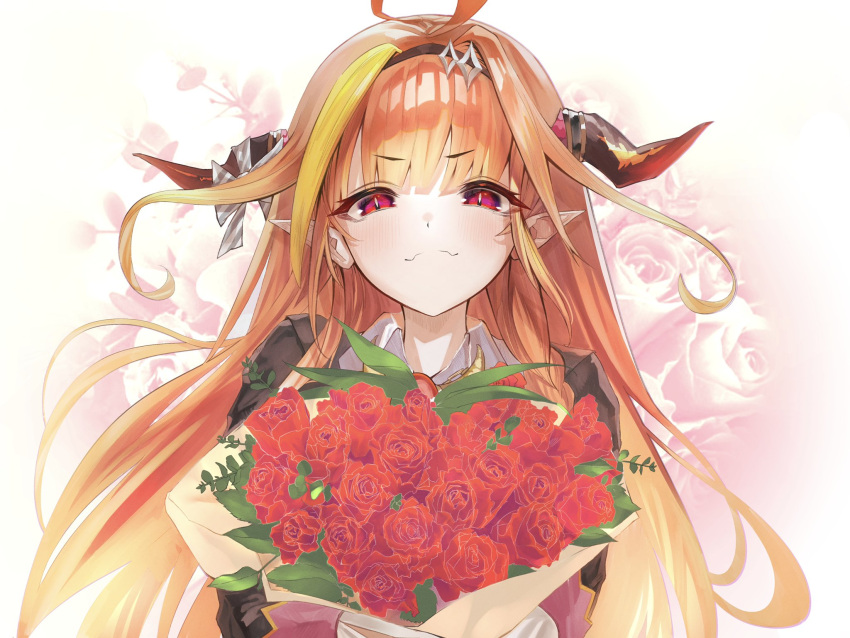 1girl ahoge bangs black_jacket blonde_hair blunt_bangs blush bouquet bow brooch brown_hairband chain_necklace closed_mouth collared_shirt commentary diagonal-striped_bow dragon_girl dragon_horns english_commentary eyebrows_visible_through_hair fangs floral_background flower gem hair_intakes hairband highres holding holding_bouquet hololive horn_bow horns jacket jewelry kaoswald kiryu_coco long_hair looking_at_viewer multicolored_hair orange_hair pointy_ears red_eyes red_flower red_rose rose shirt sidelocks skin_fangs slit_pupils solo streaked_hair striped striped_bow upper_body virtual_youtuber white_background white_shirt