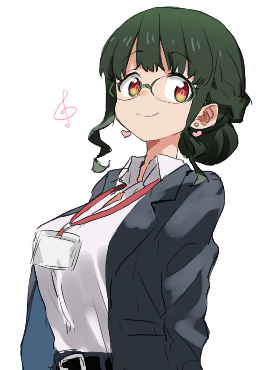 1girl anosillus_ii bangs belt black_belt breasts collared_shirt earrings eyebrows_visible_through_hair gazacy_(dai) glasses green_hair grey_jacket gridman_universe hair_behind_ear hair_bun heart heart_earrings highres id_card jacket jewelry looking_at_viewer medium_breasts shirt smile solo ssss.dynazenon suit_jacket treble_clef upper_body white_shirt