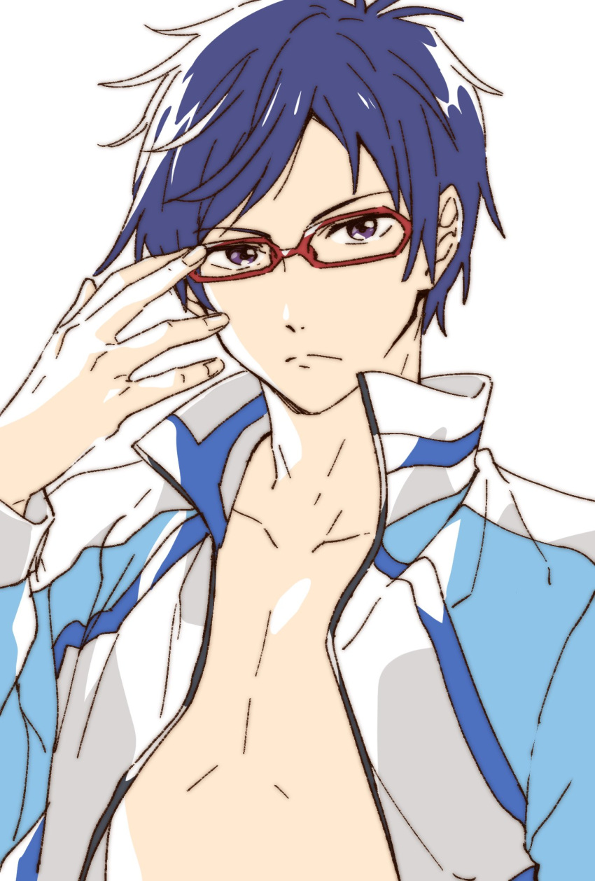 1boy blue_hair free! glasses highres jacket male_focus namori red-framed_eyewear ryuugazaki_rei simple_background violet_eyes white_background