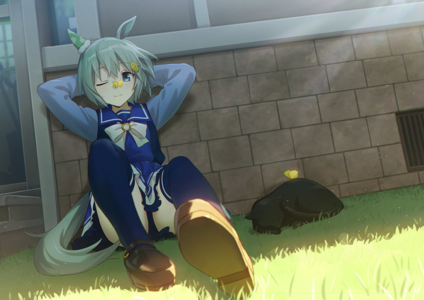 1girl against_wall akabino animal_ears arms_behind_head blue_eyes bug butterfly butterfly_on_nose cat highres horse_ears horse_tail insect one_eye_closed school_uniform seiun_sky_(umamusume) silver_hair sitting sleeping_animal smile tail thigh-highs tracen_school_uniform umamusume