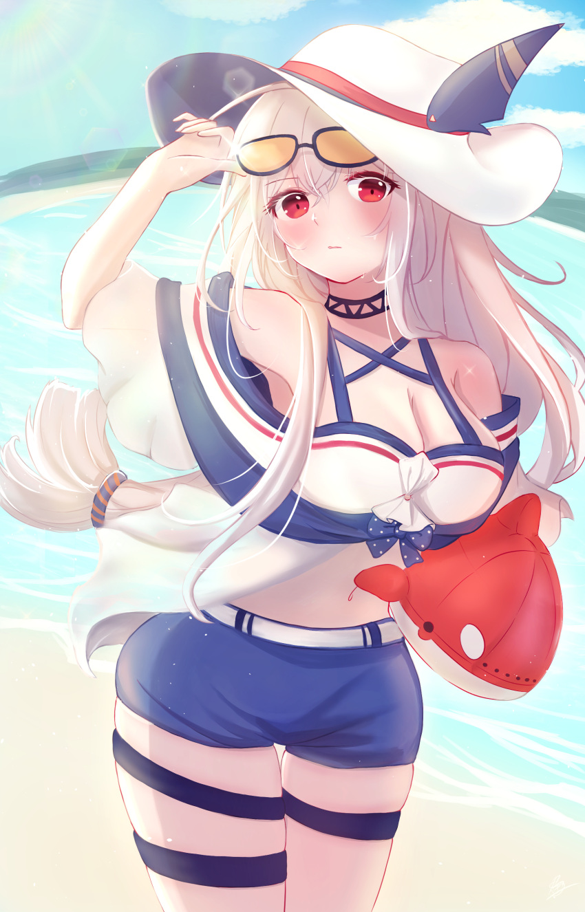 absurdres arknights beach eyebrows_visible_through_hair eyelashes hat highres inflatable_orca inflatable_toy red_eyes shorts silver_hair skadi_(arknights) skadi_(waverider)_(arknights) suki2000510 sunglasses sunglasses_on_head swimsuit tagme tied_hair