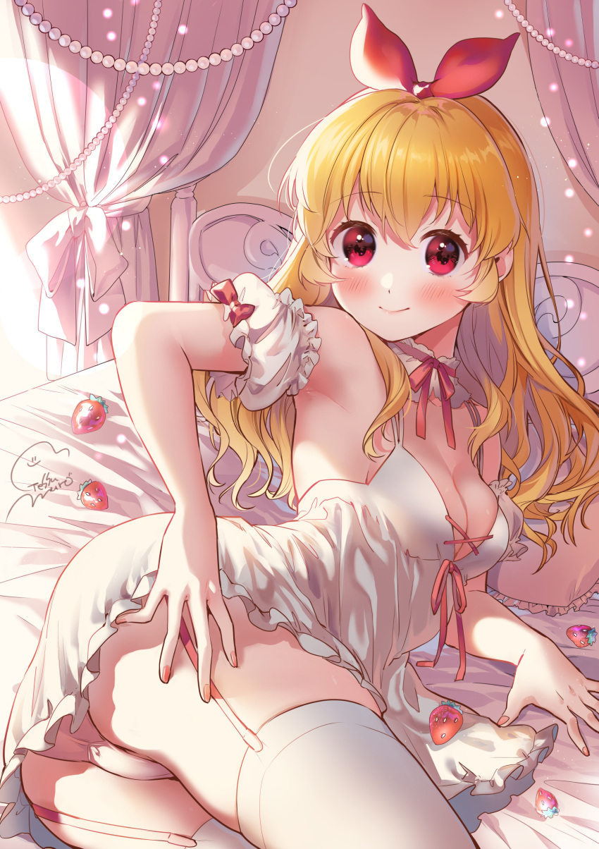 1girl absurdres aikatsu! aikatsu!_(series) bed_frame blonde_hair blush bow closed_mouth detached_sleeves dress eyebrows_visible_through_hair food fruit garter_straps geshumaro hair_bow highres hoshimiya_ichigo long_hair looking_at_viewer lying on_bed on_side panties puffy_detached_sleeves puffy_short_sleeves puffy_sleeves red_bow red_eyes short_sleeves signature smile solo strawberry thigh-highs underwear white_dress white_panties