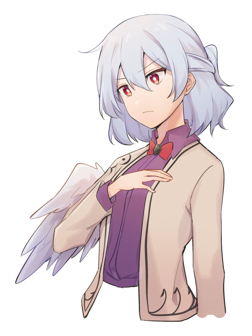 1girl angel_wings beige_jacket bow bowtie breasts bright_pupils brooch cropped_torso dress hand_on_own_chest highres idaku jewelry kishin_sagume looking_ahead medium_breasts purple_dress red_eyes short_hair silver_hair simple_background single_wing solo touhou upper_body white_background wings