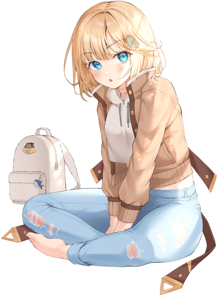 1girl :o absurdres backpack backpack_removed bag bangs barefoot belt between_legs blonde_hair blue_eyes blue_pants blush brown_belt brown_cardigan bubba_(watson_amelia) cardigan commentary_request cropped_hoodie drawstring eyebrows_visible_through_hair full_body hair_ornament hand_between_legs highres hololive hololive_english hood hood_down hoodie huge_filesize indian_style long_sleeves looking_at_viewer monocle_hair_ornament open_cardigan open_clothes pants short_hair simple_background sitting solo torn_clothes torn_pants virtual_youtuber watson_amelia white_background white_hoodie xiho_(suna)