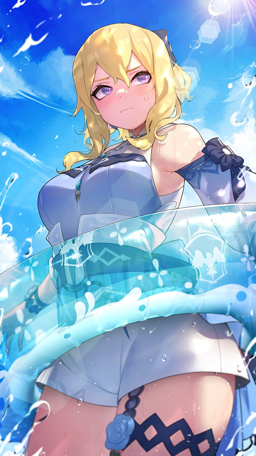 1girl blonde_hair breasts frown genshin_impact hair_ribbon highres innertube jean_gunnhildr kashu_(hizake) looking_away medium_breasts medium_hair ponytail ribbon sidelocks sleeves solo splashing thigh_strap thighs tied_hair violet_eyes water water_drop wet