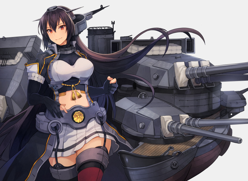 1girl black_coat black_gloves black_hair breasts brown_eyes brown_hair closed_mouth coat cowboy_shot elbow_gloves eyebrows_visible_through_hair gloves grey_background hair_between_eyes headgear highres kantai_collection kasumi_(skchkko) large_breasts long_coat long_hair looking_at_viewer machinery midriff miniskirt nagato_(kancolle) navel negative_space partially_fingerless_gloves pleated_skirt red_eyes red_legwear remodel_(kantai_collection) revision rigging shrug_(clothing) simple_background skirt smile solo tassel thigh-highs turret very_long_hair white_background white_skirt