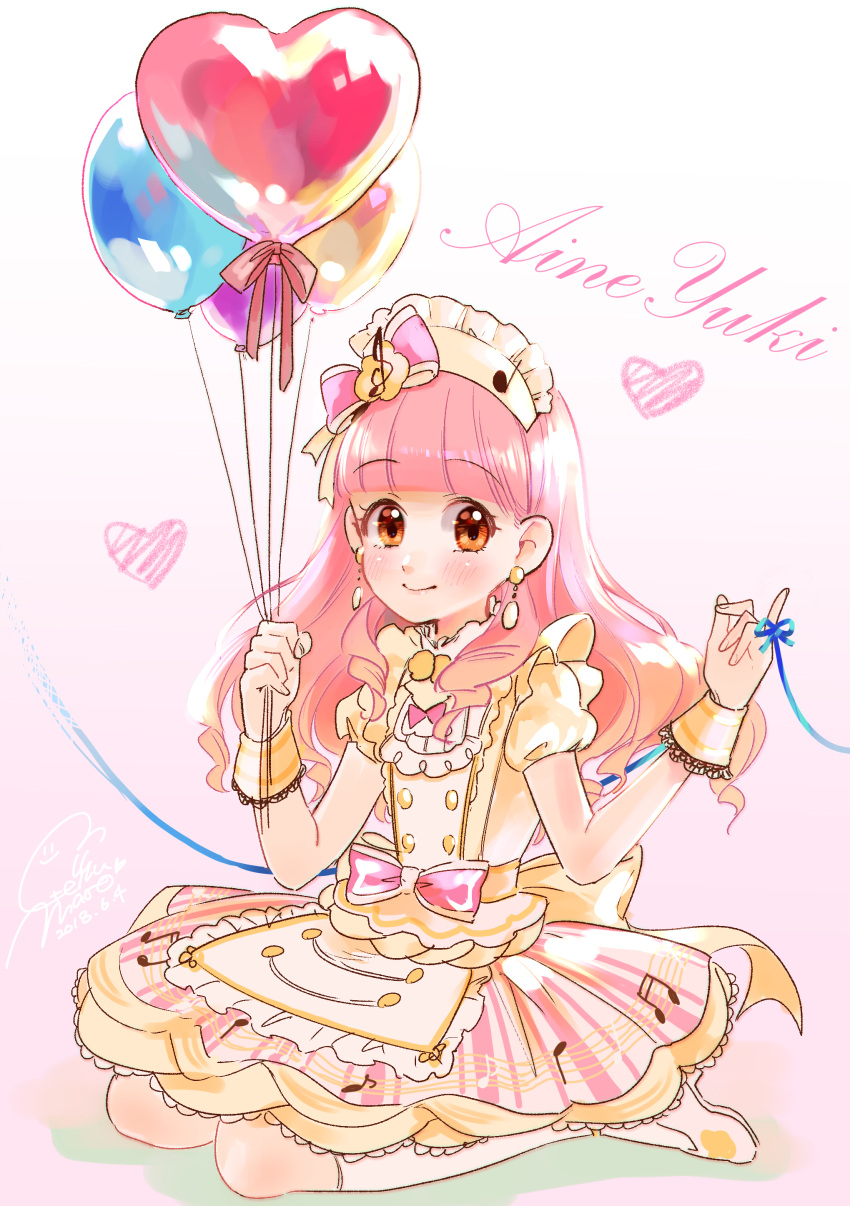 1girl absurdres aikatsu!_(series) aikatsu_friends! balloon bangs blunt_bangs blush bow buttons character_name closed_mouth dated double-breasted dress earrings fingernails geshumaro gradient_hair hands_up heart highres holding holding_balloon jewelry looking_at_viewer multicolored_hair orange_eyes pink_hair pinky_out puffy_short_sleeves puffy_sleeves shoes short_sleeves signature smile socks solo string string_of_fate white_footwear white_legwear yellow_dress yuuki_aine