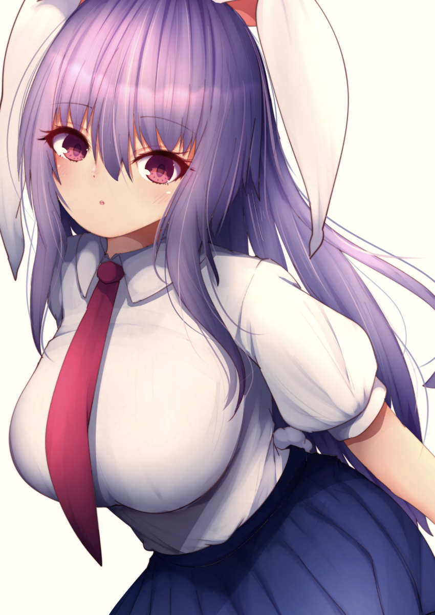 1girl animal_ears bangs blue_skirt breasts bunny_tail darumoon eyebrows_visible_through_hair eyes_visible_through_hair hair_between_eyes highres large_breasts long_hair looking_at_viewer necktie open_mouth pink_eyes purple_hair rabbit_ears red_neckwear reisen_udongein_inaba shirt short_sleeves simple_background skirt solo tail touhou white_background white_shirt white_sleeves