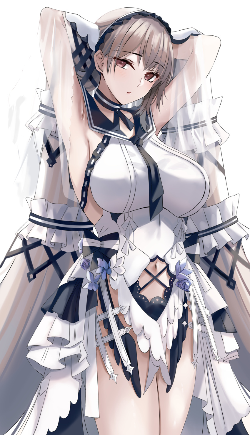 1girl armpits arms_up azur_lane bangs blush breasts choker closed_mouth clothing_cutout cowboy_shot dress eyebrows_visible_through_hair formidable_(azur_lane) formidable_(timeless_classics)_(azur_lane) grey_hair highres large_breasts long_hair looking_at_viewer navel navel_cutout nicky_w official_alternate_costume red_eyes sailor_collar simple_background solo thighs veil white_background white_dress