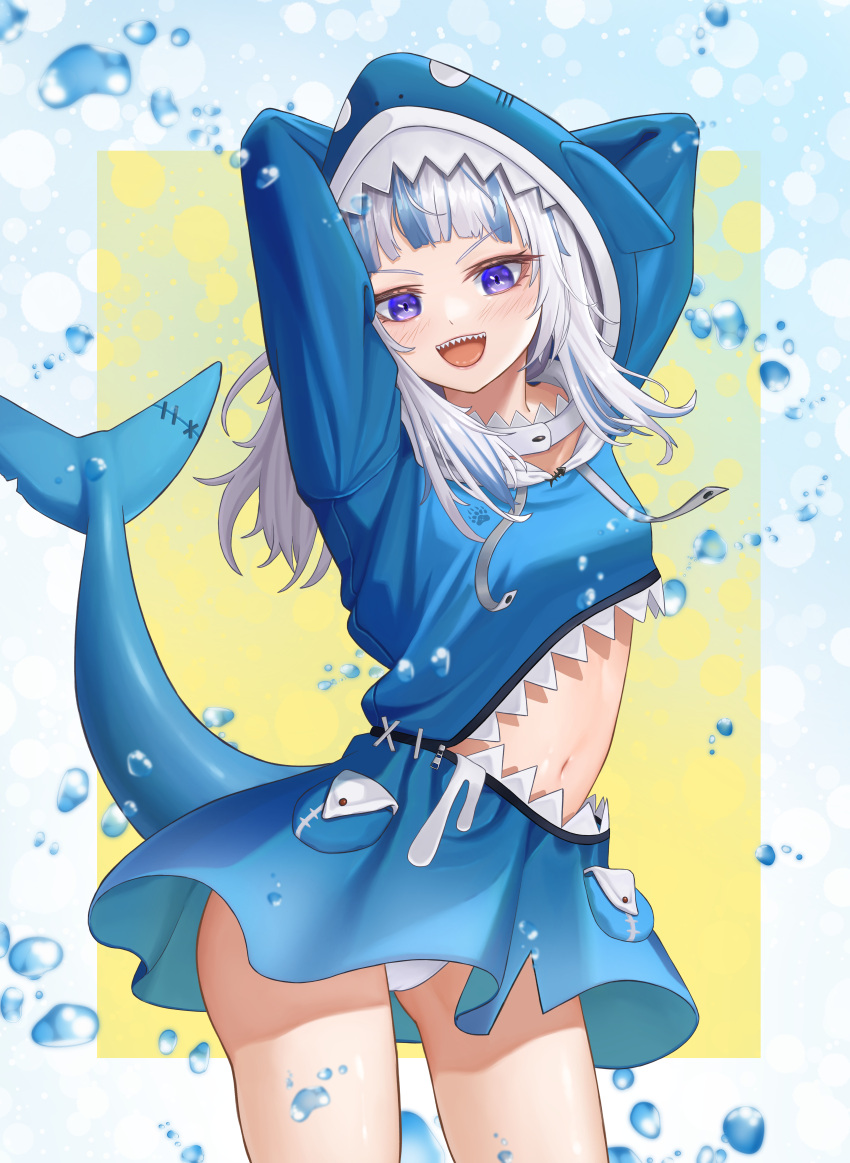 1girl :d absurdres animal_hood arms_behind_head arms_up bangom_r bangs blue_dress blue_hair blush bubble clothing_cutout commentary_request cowboy_shot drawstring dress eyebrows_visible_through_hair fish_tail gawr_gura highres hololive hololive_english hood hood_up hooded_dress huge_filesize long_hair long_sleeves looking_at_viewer multicolored_hair navel open_mouth panties pantyshot shark_hood shark_tail sharp_teeth smile solo stomach stomach_cutout streaked_hair tail tail_raised teeth tongue two-tone_background underwear violet_eyes virtual_youtuber white_hair white_panties