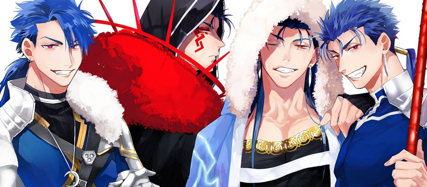 4boys beads blue_hair cape choker crescent_necklace cu_chulainn_(caster)_(fate) cu_chulainn_(fate)_(all) cu_chulainn_(fate/prototype) cu_chulainn_(fate/stay_night) cu_chulainn_alter_(fate/grand_order) dark_persona earrings facepaint fate/grand_order fate/prototype fate/stay_night fate_(series) fur-trimmed_cape fur_trim gae_bolg_(fate) grin hair_beads hair_ornament hand_on_another's_shoulder highres holding holding_polearm holding_weapon hood hood_up jewelry long_hair looking_at_viewer male_focus maripaka multiple_boys multiple_persona one_eye_closed polearm ponytail red_eyes simple_background skin_tight smile spikes spiky_hair weapon white_background