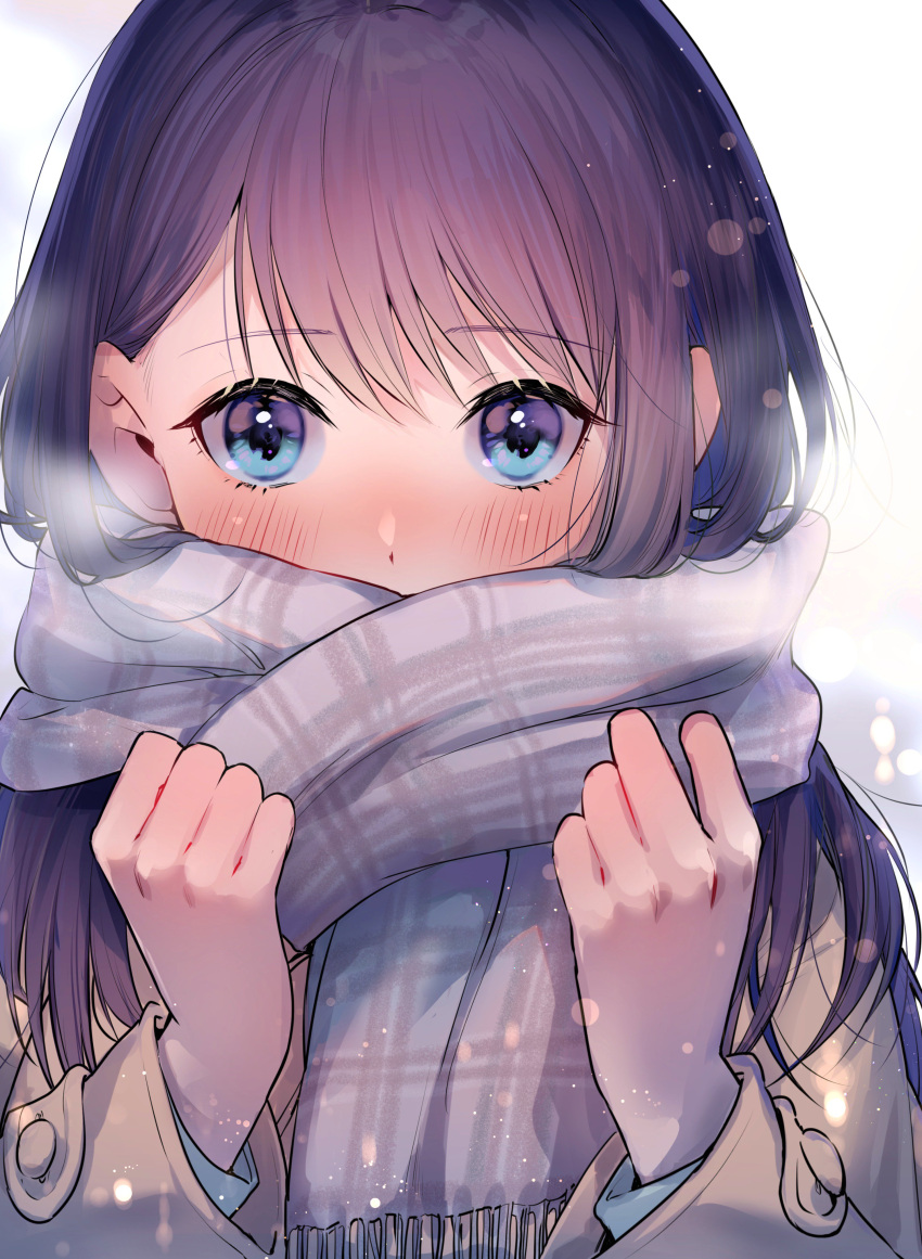 1girl absurdres blue_eyes blush coat covered_mouth enpera geshumaro grey_scarf hands_up highres long_hair long_sleeves looking_at_viewer purple_hair scarf scarf_over_mouth solo tsubaki-sama_wa_sakihokore_nai upper_body