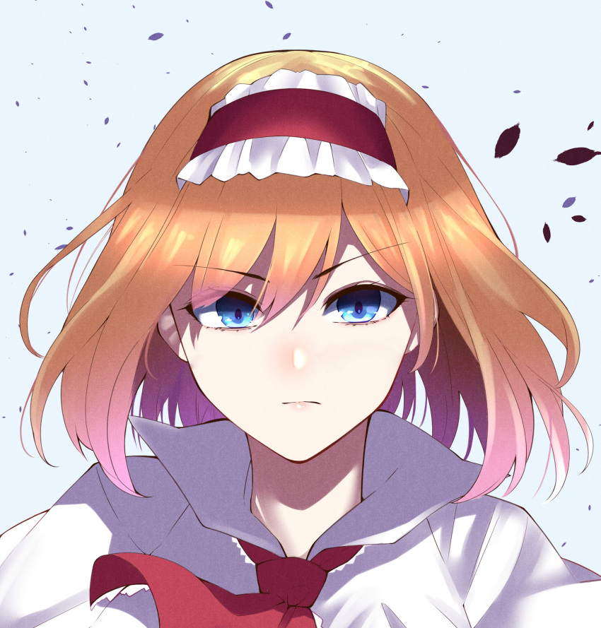 1girl alice_margatroid bangs blonde_hair blue_eyes cape closed_mouth eyebrows_visible_through_hair eyes_visible_through_hair hair_between_eyes hairband highres keenii_(kenny86) looking_at_viewer petals red_hairband red_neckwear short_hair simple_background solo touhou white_background white_cape