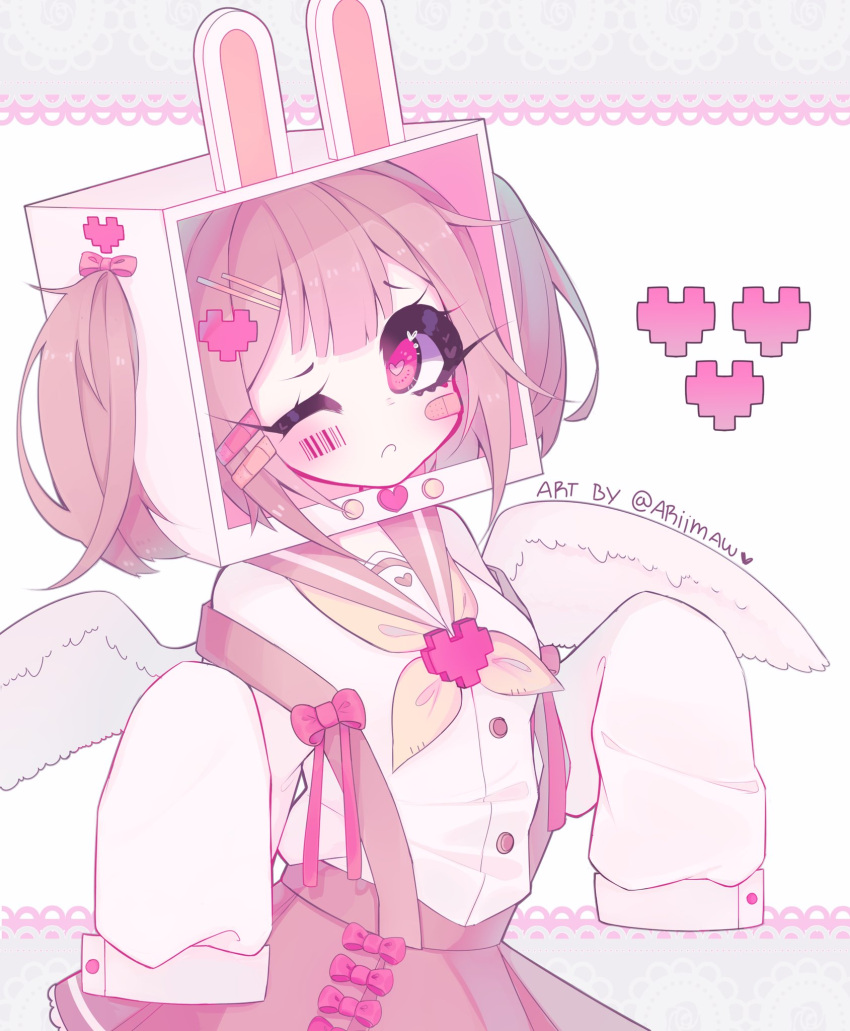 1girl animal_ears ariimaw artist_name bandages barcode bow buttons closed_mouth english_text frown hair_bow hair_ornament hairclip heart heart_in_eye highres long_eyelashes looking_at_viewer one_eye_closed original pink_bow pixelated rabbit_ears raised_eyebrows sailor_collar shirt sidelocks skirt sleeves_past_fingers sleeves_past_wrists solo suspender_skirt suspenders symbol_in_eye two_side_up white_shirt wings