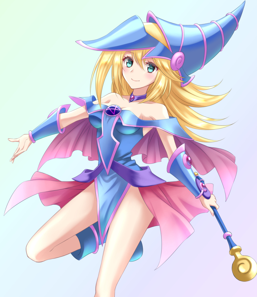 1girl bangs bare_shoulders blonde_hair blue_eyes blue_footwear blush boots breasts dark_magician_girl duel_monster hair_between_eyes hat highres holding holding_wand kakiko210 leg_up long_hair looking_at_viewer off_shoulder smile solo thighs wand wizard_hat yu-gi-oh!