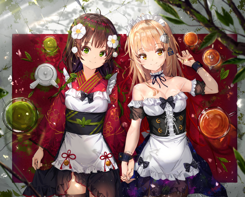 2girls absurdres ahoge apron bangs bare_shoulders black_tea blonde_hair blush brown_hair closed_mouth clothing_request commentary cowboy_shot cup english_commentary eyebrows_visible_through_hair flower frills from_above green_eyes green_tea hair_flower hair_ornament highres holding_hands japanese_clothes kimono long_hair long_sleeves looking_at_viewer lying maid maid_apron maid_headdress multiple_girls na_kyo on_back original smile tea tea_stalk teapot wide_sleeves yellow_eyes