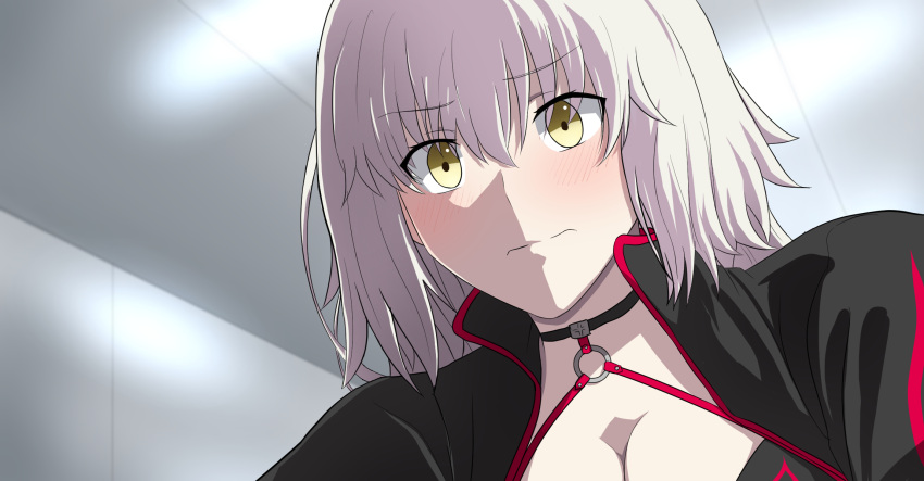 1girl blush embarrassed eyebrows_visible_through_hair fate/grand_order fate_(series) hair_between_eyes halterneck highres indoors jacket jeanne_d'arc_(alter)_(fate) jeanne_d'arc_(fate)_(all) kawakun long_hair pale_skin solo white_hair yellow_eyes