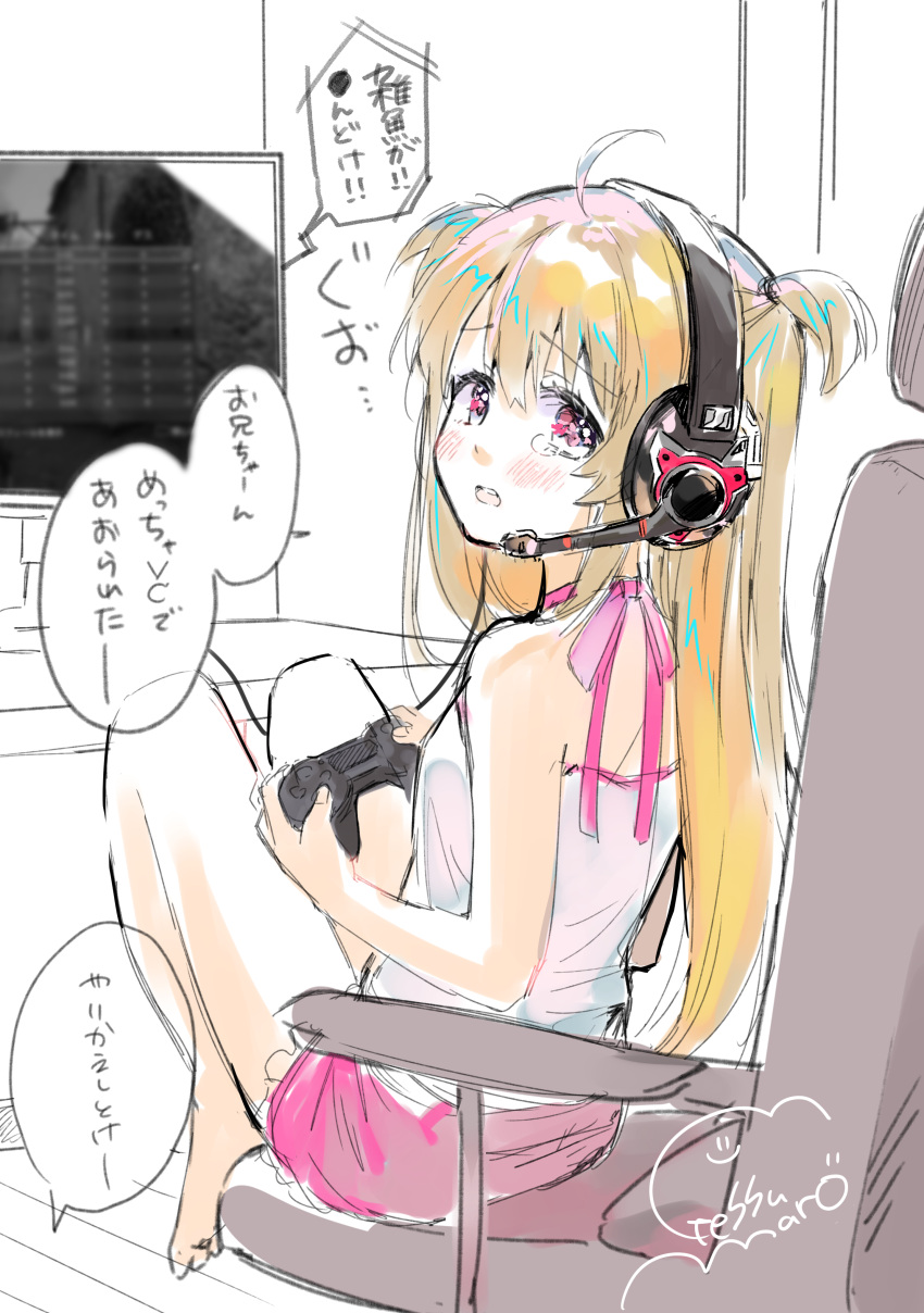 1girl absurdres ahoge bare_arms bare_shoulders barefoot blonde_hair blush camisole chair choker controller crying from_behind game_controller gaming_chair geshumaro headphones headset highres holding holding_controller holding_game_controller indoors long_hair looking_at_viewer looking_back microphone multicolored_hair original parted_lips pink_choker pink_eyes pink_ribbon pink_shorts playing_games ribbon ribbon_choker shorts signature sitting solo streaked_hair tears television translation_request two_side_up video_game white_camisole