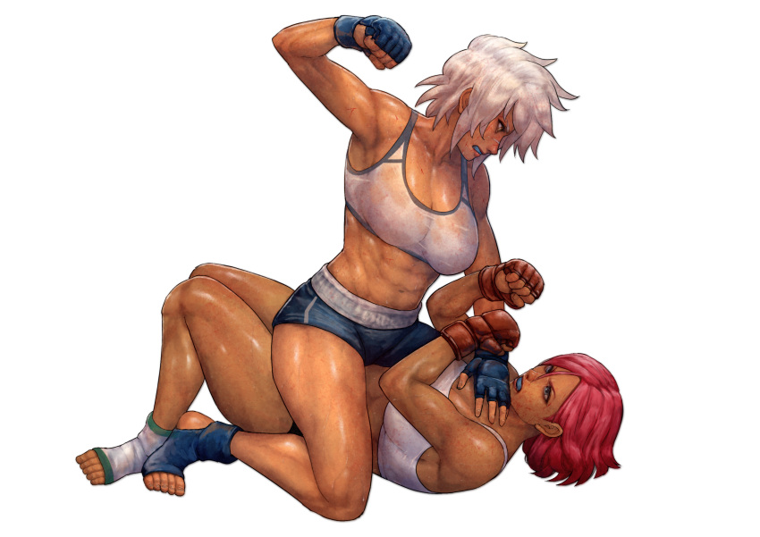 2girls abs absurdres angry blazblue blazblue:_chronophantasma blocking breasts bullet_(blazblue) cirenk dark-skinned_female dark_skin fighting giovanna_(guilty_gear) guilty_gear guilty_gear_strive hand_on_another's_chest highres medium_breasts mma_gloves multiple_girls pinned punching redhead shiny shiny_skin short_hair shorts simple_background sitting sitting_on_person socks sports_bra sportswear thighs toned white_hair