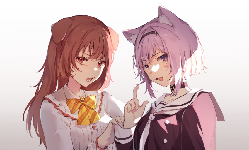 2girls absurdres animal_ear_fluff animal_ears black_collar black_shirt bow bowtie breasts brown_hair cat_ears cat_girl collar commentary dog_ears dog_girl english_commentary eyebrows_visible_through_hair fang glaring gradient gradient_background grey_background hairband highres hololive inugami_korone light_purple_hair long_hair long_sleeves looking_at_viewer medium_breasts multiple_girls nekomata_okayu official_alternate_costume open_mouth plaid_neckwear red_eyes sailor_collar shirt short_hair simple_background smolpoff symbol_commentary upper_body violet_eyes virtual_youtuber white_neckwear white_shirt wing_collar yellow_neckwear
