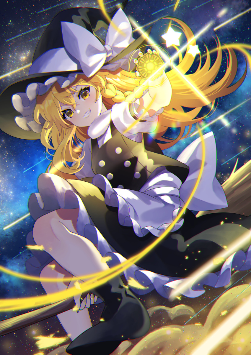 1girl absurdres apron black_dress blonde_hair blurry braid broom broom_riding chromatic_aberration depth_of_field dress foot_out_of_frame grin hat highres kirisame_marisa long_hair looking_at_viewer mini-hakkero shooting_star single_braid sky smile solo star_(sky) star_(symbol) starry_sky touhou very_long_hair waist_apron witch_hat yellow_eyes yuujin_(yuzinn333)