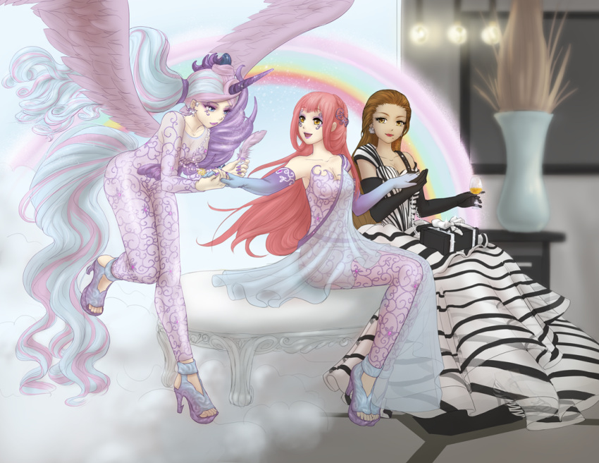 3girls :d alcohol barbie_(character) barbie_(franchise) bench black_and_white_dress blue_eyes blue_hair bodysuit brown_eyes brown_hair champagne clouds cup curly_hair dark-skinned_female dark_skin dress drinking_glass elbow_gloves facepaint facial_mark feathered_wings feathers floating floating_hair forayknightly formal gift gloves gown hair_slicked_back high_heels holding_hands legs_together miracle_nikki multicolored_hair multiple_girls nikki_(barbie) nikki_(miracle_nikki) open_mouth pegasus_wings pink_hair plant ponytail potted_plant purple_nails rainbow red_lips see-through sitting smile striped striped_dress tail unicorn unicorn_girl unicorn_horn vase wine_glass wings yellow_eyes
