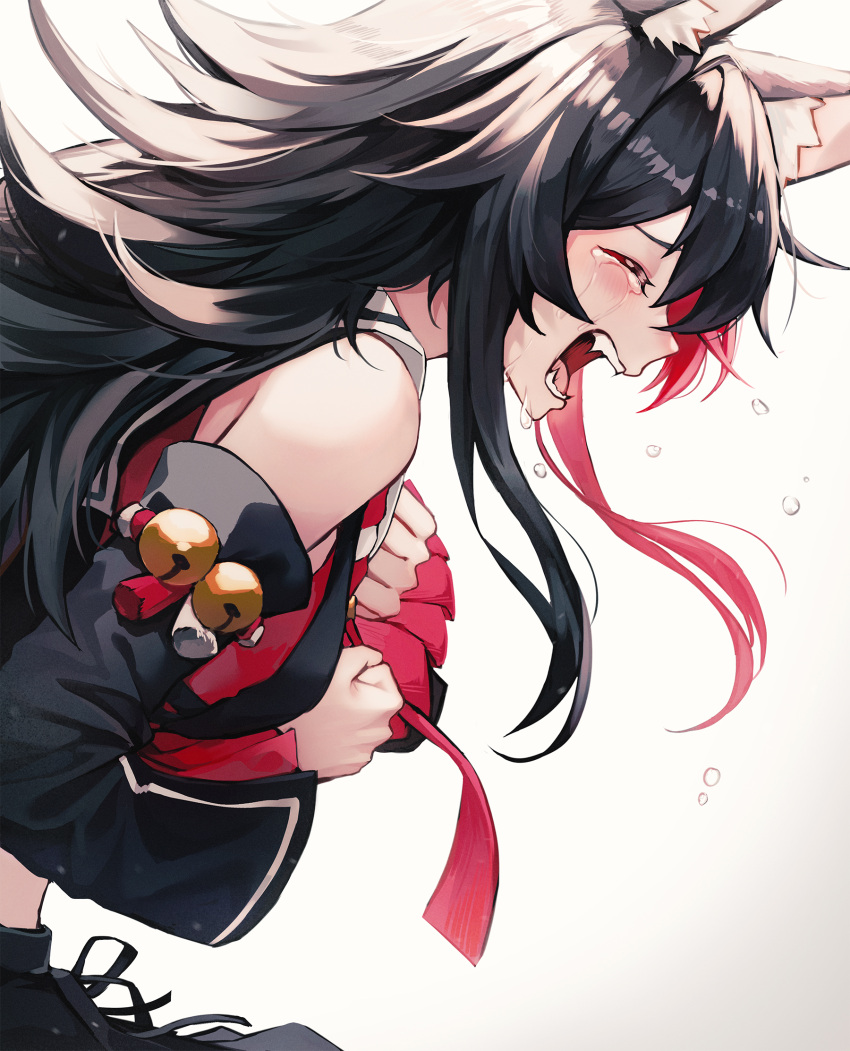 1girl animal_ear_fluff animal_ears bare_shoulders bell black_hair blush closed_eyes commentary_request crying detached_sleeves fangs from_side hands_on_own_chest highres hololive jingle_bell long_hair long_sleeves multicolored_hair myung_yi ookami_mio open_mouth profile redhead simple_background solo streaming_tears tears two-tone_hair upper_body white_background wolf_ears