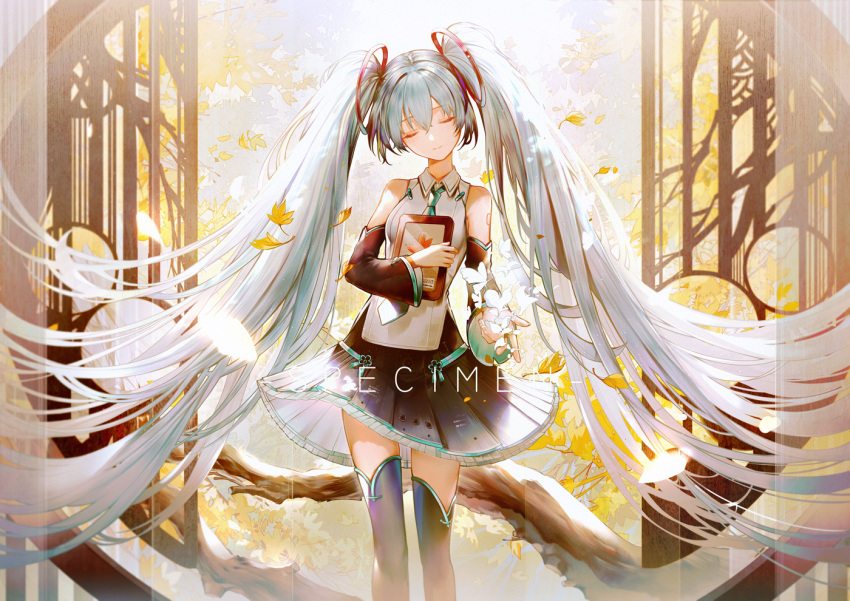 1girl absurdly_long_hair aqua_hair bai_qi-qsr bangs bare_shoulders black_legwear bug butterfly closed_eyes closed_mouth commentary_request detached_sleeves eyebrows_visible_through_hair hair_between_eyes hair_ornament hatsune_miku holding insect leaf long_hair long_sleeves necktie smile solo standing tagme thigh-highs twintails very_long_hair vocaloid