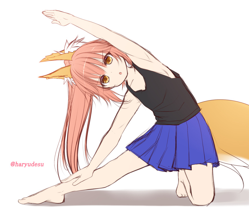 1girl :o animal_ear_fluff animal_ears armpits bangs bare_arms bare_shoulders barefoot black_tank_top blue_skirt brown_eyes commentary_request eyebrows_visible_through_hair fate/extra fate_(series) fox_ears fox_girl fox_tail full_body hair_between_eyes haryuu_(poetto) highres long_hair parted_lips pink_hair pleated_skirt ponytail shadow skirt solo stretch tail tamamo_(fate)_(all) tamamo_no_mae_(fate) tank_top twitter_username very_long_hair white_background