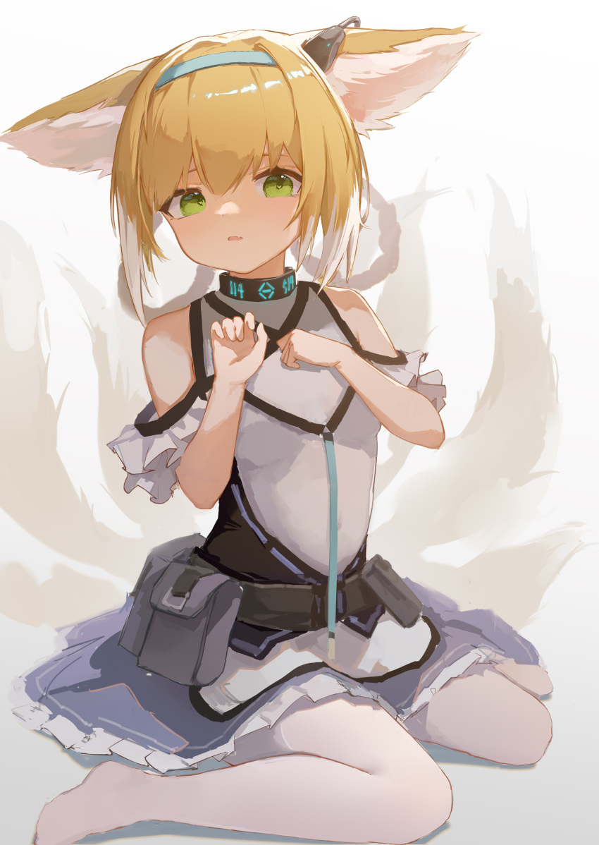 1girl absurdres animal_ears arknights bangs bare_shoulders blonde_hair blue_hairband braid commentary_request eyebrows_behind_hair fang fox_ears fox_girl fox_tail frilled_skirt frills green_eyes hair_between_eyes hair_rings hairband hands_up highres kitsune looking_at_viewer no_shoes pantyhose parted_lips purple_skirt shirt sitting skirt solo suzuran_(arknights) tail twin_braids wariza white_legwear white_shirt zombie_ke