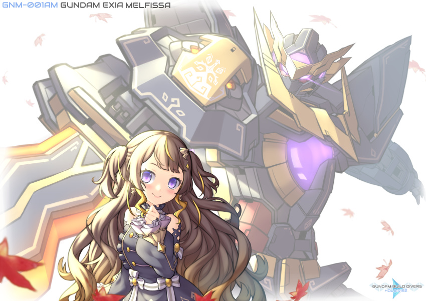 1girl anya_melfissa arm_blade autumn_leaves bangs blush bow breasts detached_sleeves earrings english_commentary eyebrows_behind_hair glowing glowing_eye gundam gundam_00 gundam_build_divers gundam_build_divers_re:rise gundam_exia highres hololive hololive_indonesia jewelry logo_parody mecha medium_breasts mobile_suit multicolored_hair open_hand parody pinguinkotak purple_bow science_fiction smile streaked_hair title_parody two_side_up v-fin violet_eyes virtual_youtuber weapon