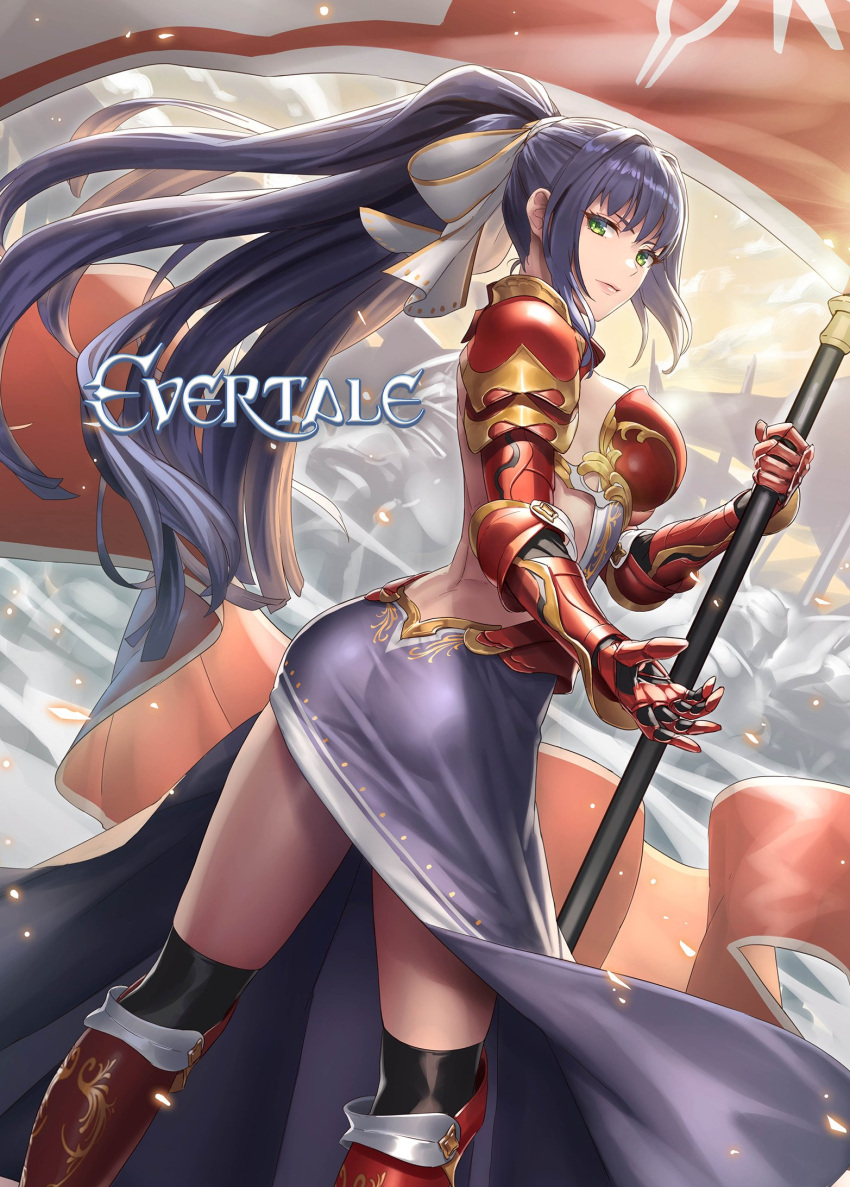 1girl armor armored_boots armored_dress bare_back black_legwear boots breasts cuboon evertale from_side green_eyes hair_intakes hair_ornament highres holding holding_weapon large_breasts long_hair looking_at_viewer ludmilla official_art ponytail purple_hair red_footwear thigh-highs very_long_hair weapon