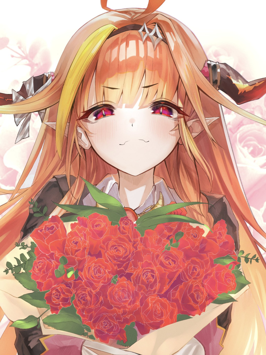 1girl ahoge bangs black_jacket blonde_hair blunt_bangs blush bouquet bow brooch brown_hairband chain_necklace closed_mouth collared_shirt commentary diagonal-striped_bow dragon_girl dragon_horns english_commentary eyebrows_visible_through_hair fangs floral_background flower gem hair_intakes hairband highres holding holding_bouquet hololive horn_bow horns jacket jewelry kaoswald kiryu_coco long_hair looking_at_viewer multicolored_hair orange_hair pointy_ears red_eyes red_flower red_rose rose shirt sidelocks skin_fangs slit_pupils solo streaked_hair striped striped_bow upper_body virtual_youtuber white_background white_shirt