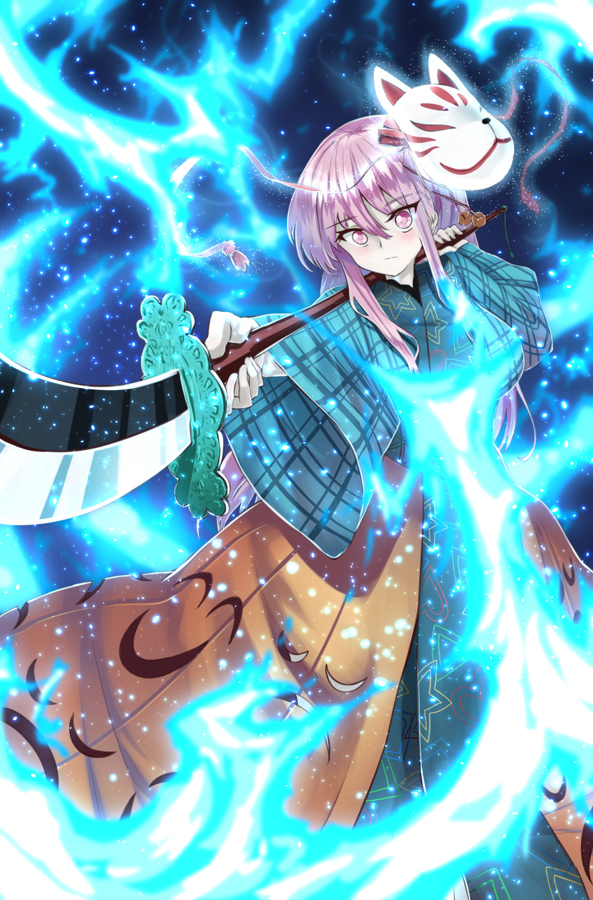 1girl absurdres bangs blue_background blue_fire blue_shirt blue_sleeves closed_mouth eyebrows_visible_through_hair eyes_visible_through_hair fire hair_between_eyes hands_up hata_no_kokoro highres long_hair long_sleeves looking_at_viewer mask orange_skirt pink_eyes pink_hair shirt skirt solo sunyup touhou