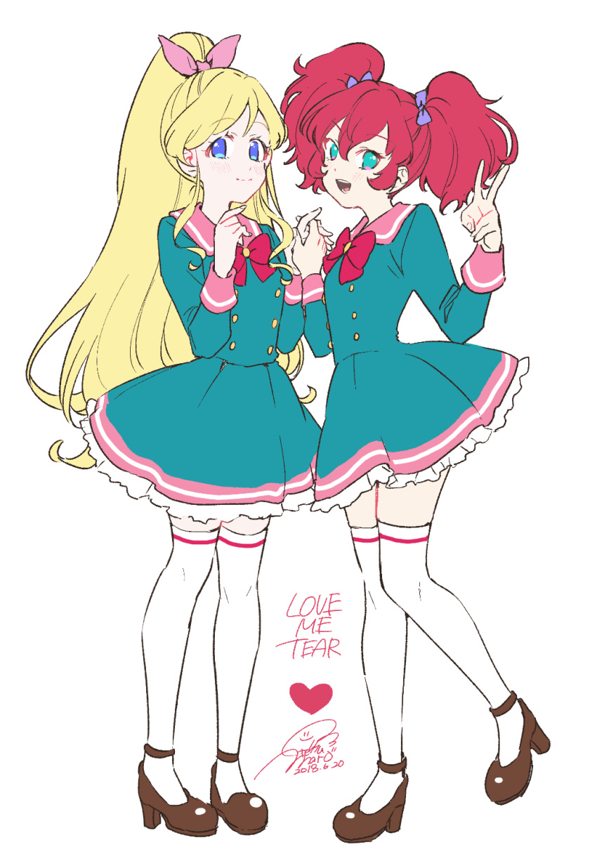 2girls :d aikatsu!_(series) aikatsu_friends! asuka_mirai_(aikatsu_friends!) big_hair blonde_hair blue_dress blue_eyes bow bowtie brown_footwear buttons closed_mouth commentary dated double-breasted dress english_commentary geshumaro green_eyes hair_bow heart highres holding_hands interlocked_fingers kamishiro_karen long_hair long_sleeves looking_at_viewer medium_hair multiple_girls open_mouth pink_bow pink_sailor_collar ponytail purple_bow red_bow red_neckwear redhead sailor_collar sailor_dress shoes signature simple_background smile standing standing_on_one_leg thigh-highs twintails very_long_hair white_background white_legwear