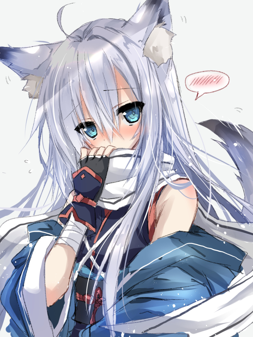 1boy ahoge akatsuki_(ggsy7885) animal_ear_fluff animal_ears bangs blue_eyes blush clothing_request commentary_request eyebrows_visible_through_hair fingerless_gloves gloves hair_between_eyes hand_to_own_mouth hand_up highres long_hair looking_at_viewer original otoko_no_ko silver_hair simple_background solo spoken_blush upper_body white_background wide_sleeves