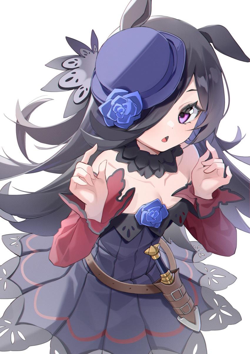 1girl absurdres animal_ears bangs bare_shoulders black_hair blue_flower blue_rose collarbone commentary_request cowboy_shot dagger dress flower fur_collar hair_over_one_eye hands_up hat hat_flower highres horse_ears horse_girl knife long_hair long_sleeves looking_at_viewer miyu10366 off-shoulder_dress off_shoulder open_mouth purple_dress purple_headwear red_sleeves rice_shower_(umamusume) rose sheath sheathed simple_background solo umamusume violet_eyes weapon white_background