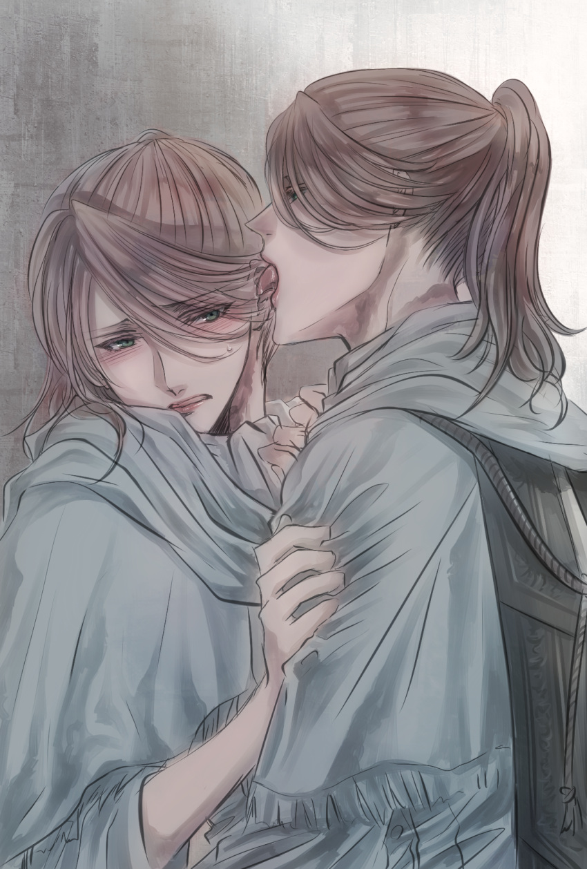 2girls bloodborne blush brown_hair commentary_request ear_licking eyebrows_visible_through_hair green_eyes highres iosefka itsuki_(itsukiovo) lady_maria_of_the_astral_clocktower licking multiple_girls open_mouth parted_lips short_ponytail sweatdrop teeth tongue tongue_out yuri