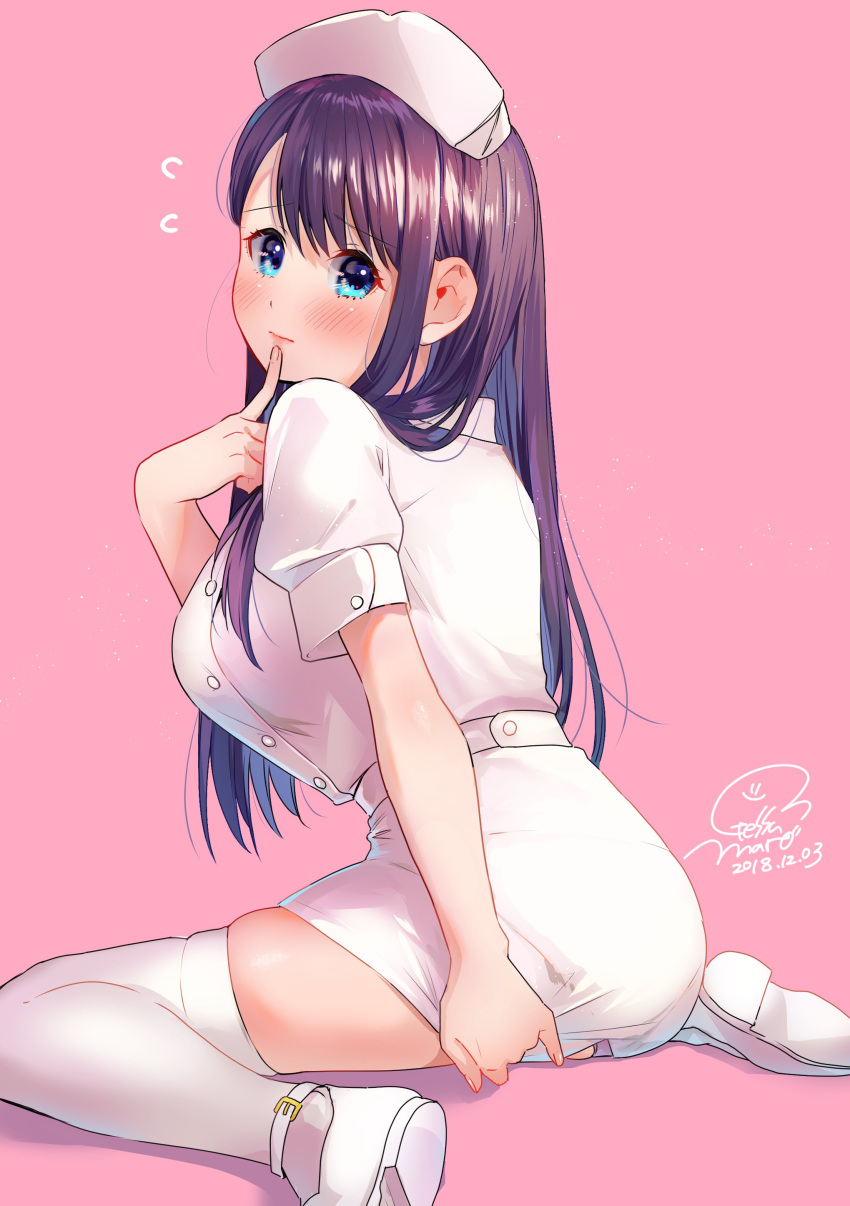 1girl absurdres blue_eyes blush closed_mouth covering covering_ass dated dress embarrassed finger_to_mouth flying from_behind geshumaro hat highres index_finger_raised long_hair looking_at_viewer looking_back nurse nurse_cap pantylines pink_background shoes short_dress signature simple_background sitting skindentation solo thigh-highs tsubaki-sama_wa_sakihokore_nai wariza white_dress white_footwear white_headwear white_legwear
