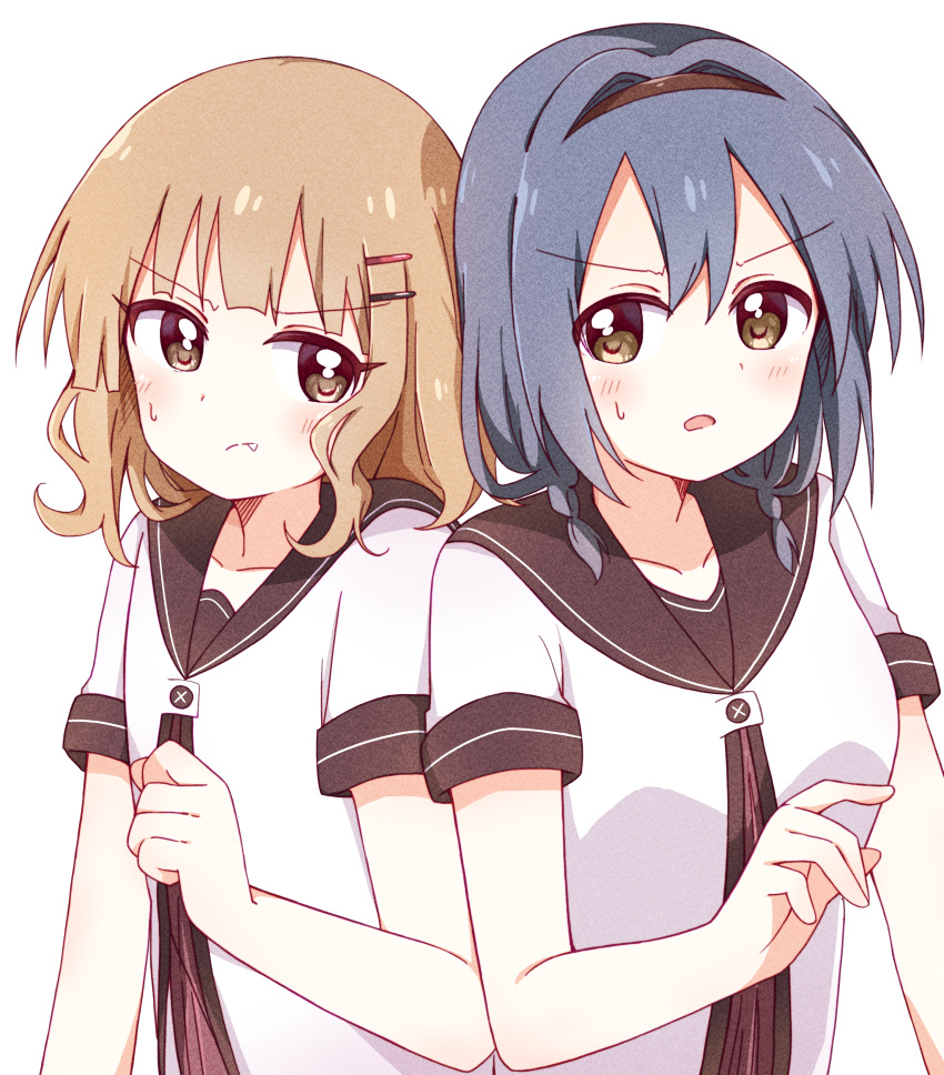 2girls absurdres annoyed bangs black_hairband black_sailor_collar blue_hair braid brown_eyes clenched_hand closed_mouth collarbone commentary_request eyebrows_visible_through_hair fang fang_out furutani_himawari hair_ornament hairband hairclip highres huge_filesize light_brown_hair looking_at_another medium_hair mesushio multiple_girls nanamori_school_uniform oomuro_sakurako parted_lips sailor_collar school_uniform serafuku shirt short_sleeves shoulder-to-shoulder side-by-side sideways_glance simple_background sweatdrop twin_braids upper_body white_background white_shirt yuru_yuri