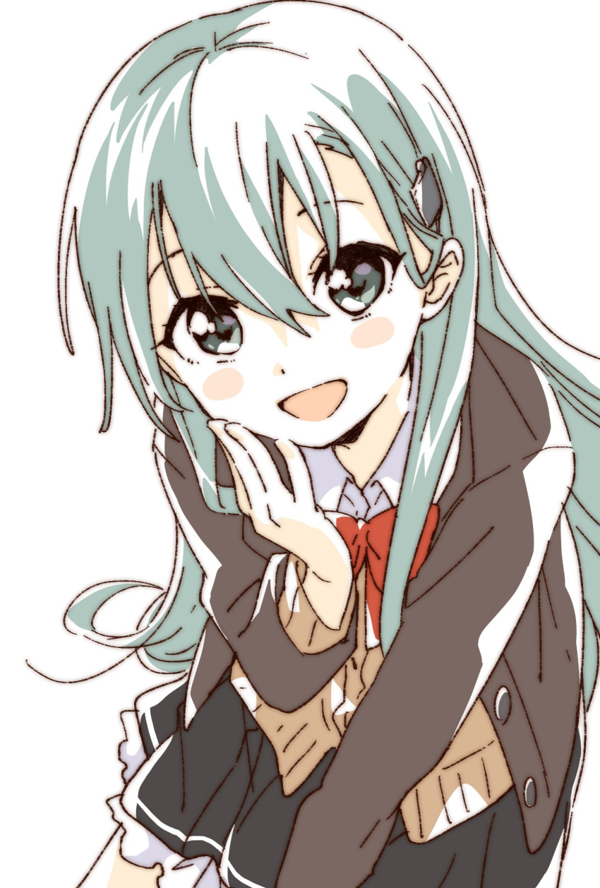 1girl aqua_eyes aqua_hair cardigan green_eyes green_hair hair_ornament hairclip highres jacket kantai_collection long_hair long_sleeves looking_at_viewer namori open_cardigan open_clothes open_mouth pleated_skirt school_uniform simple_background skirt smile solo suzuya_(kancolle) white_background