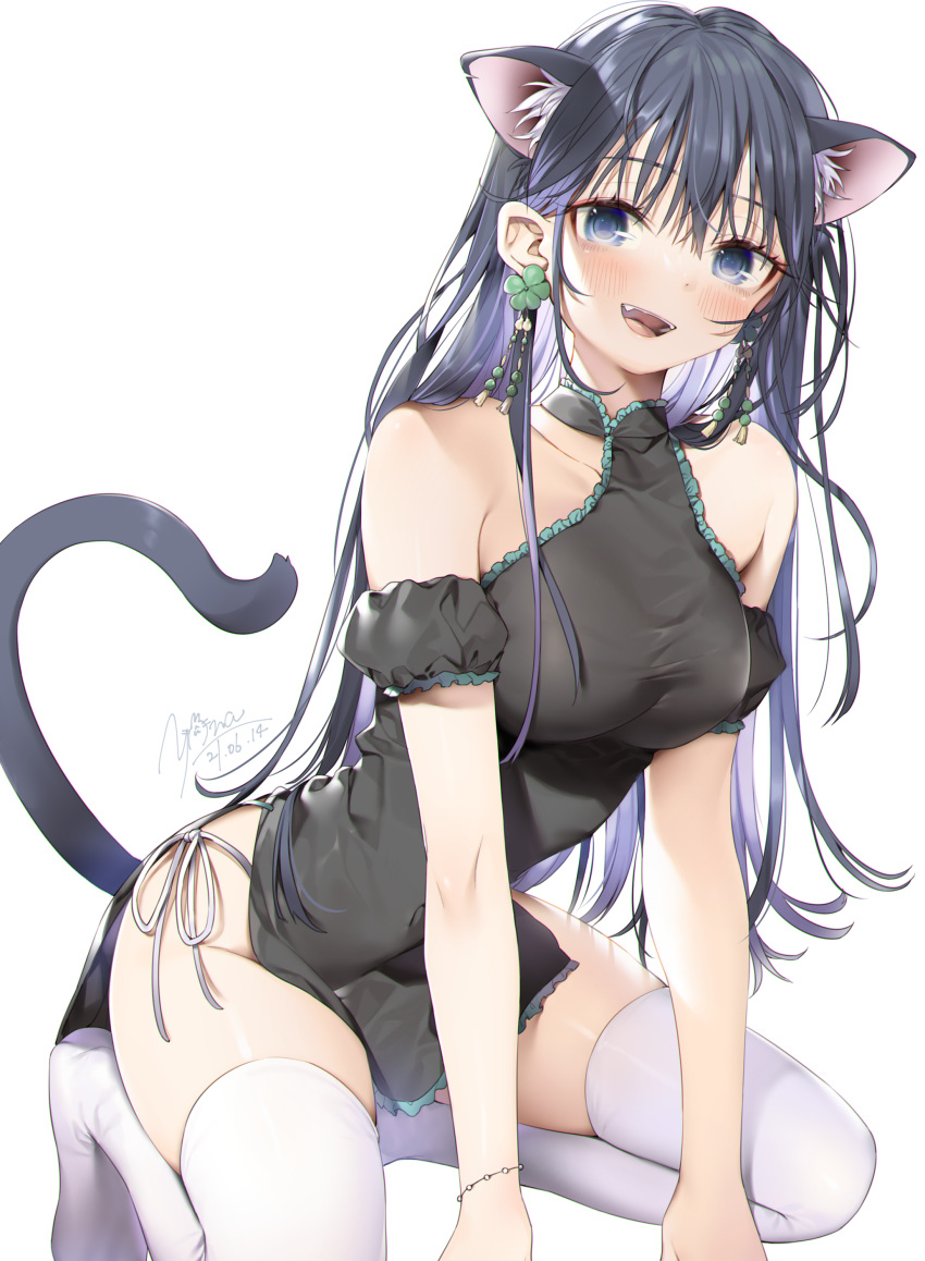 1girl :d absurdres animal_ear_fluff animal_ears arms_between_legs bare_shoulders black_dress black_hair blue_eyes bracelet breasts cat_ears cat_girl cat_tail clover_hair_ornament collarbone detached_sleeves dress earrings extra_ears fang four-leaf_clover_hair_ornament hair_ornament highres jewelry kneeling large_breasts no_shoes open_mouth original puffy_short_sleeves puffy_sleeves short_sleeves simple_background smile solo tail thigh-highs thighs white_background white_legwear yana_mori