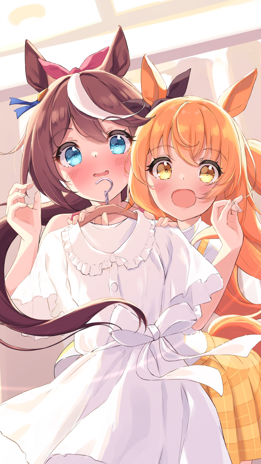 2girls :d absurdres animal_ears bangs black_ribbon blue_eyes blush bow brown_hair clothes_hanger clothes_in_front commentary_request cowboy_shot dress dress_removed ear_ribbon eyebrows_visible_through_hair hands_up highres holding holding_clothes holding_clothes_hanger holding_dress horse_ears horse_girl horse_tail keeha_(mxkp5588) long_hair looking_at_viewer mayano_top_gun_(umamusume) multicolored_hair multiple_girls open_mouth orange_eyes orange_hair plaid plaid_skirt pleated_skirt ponytail ribbon shirt short_sleeves skirt smile standing streaked_hair sweatdrop tail tokai_teio_(umamusume) twintails two_side_up umamusume very_long_hair white_bow white_dress white_hair white_shirt