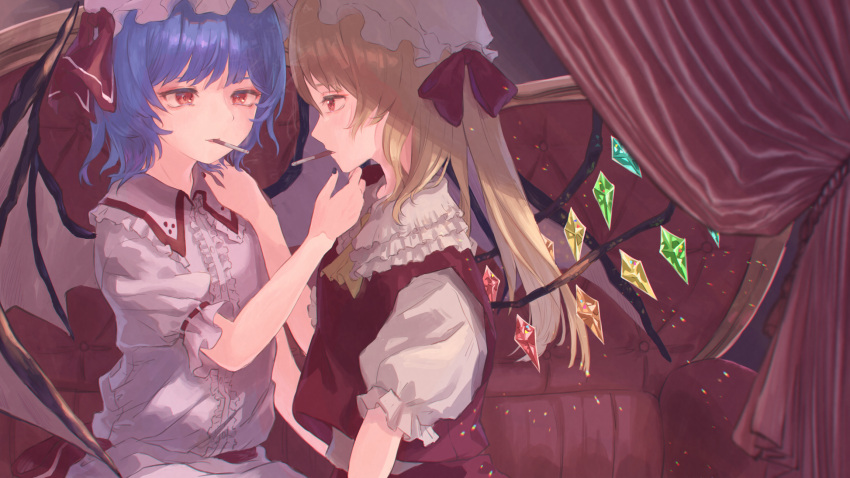 2girls bat_wings blonde_hair blue_hair center_frills cigarette crystal dress eye_contact flandre_scarlet frills hand_on_another's_chin hat highres looking_at_another mob_cap mouth_hold multiple_girls one_side_up profile red_eyes remilia_scarlet short_hair siblings sisters smoking touhou white_dress wings yamabuki_(laysis_yama)