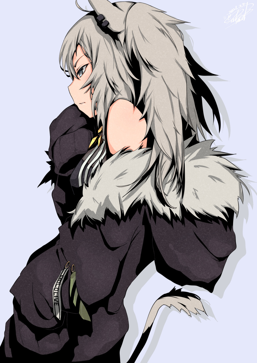 1girl absurdres ahoge animal_ears aoi_rt0 bare_shoulders black_jacket black_shirt breasts dated ear_piercing fur-trimmed_jacket fur_trim grey_eyes hand_in_pocket highres hololive hood hooded_jacket jacket jewelry large_breasts lion_ears lion_girl lion_tail long_hair looking_away messy_hair necklace off_shoulder piercing scowl shirt shishiro_botan signature silver_hair sleeveless sleeveless_shirt sleeves_past_fingers sleeves_past_wrists solo tail two_side_up virtual_youtuber