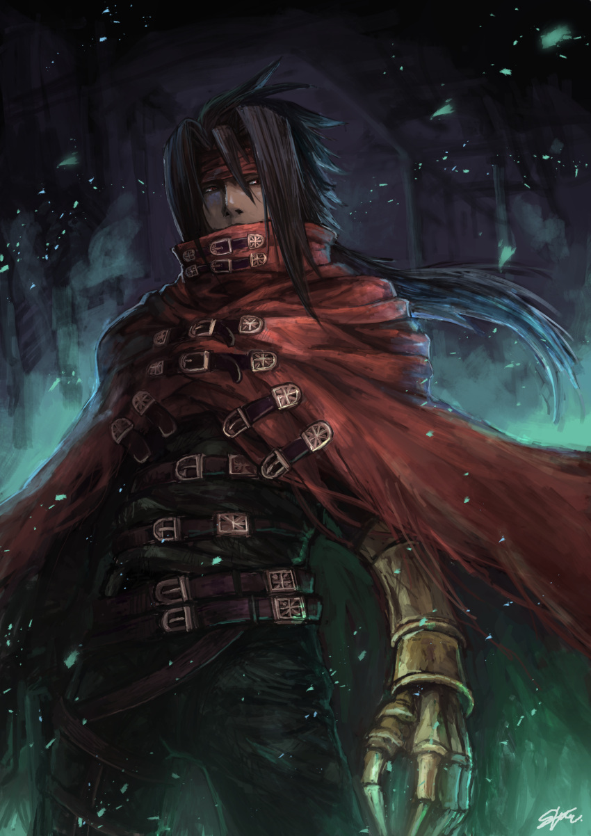 1boy absurdres belt black_hair buckle clawed_gauntlets cloak deadspike_nine final_fantasy final_fantasy_vii headband hidden_mouth highres long_hair red_eyes vincent_valentine